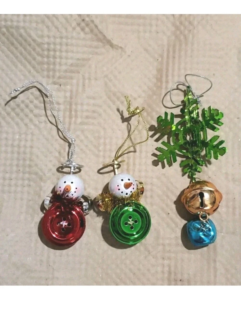 Christmas Ornaments Snowman Angel Snowflake Bells Set Of 3 Metal